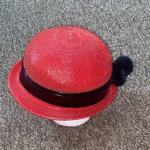 VTG, Adele Claire Made In New York US
Red Straw Hat with Black Band and Pom Pom